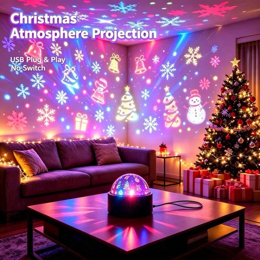 USB Plug & Play Christmas Projection Light 2-In-1 Night Light, Snowman, Reindeer, Christmas Tree Pattern Holiday Party Atmosphere Decorative Light