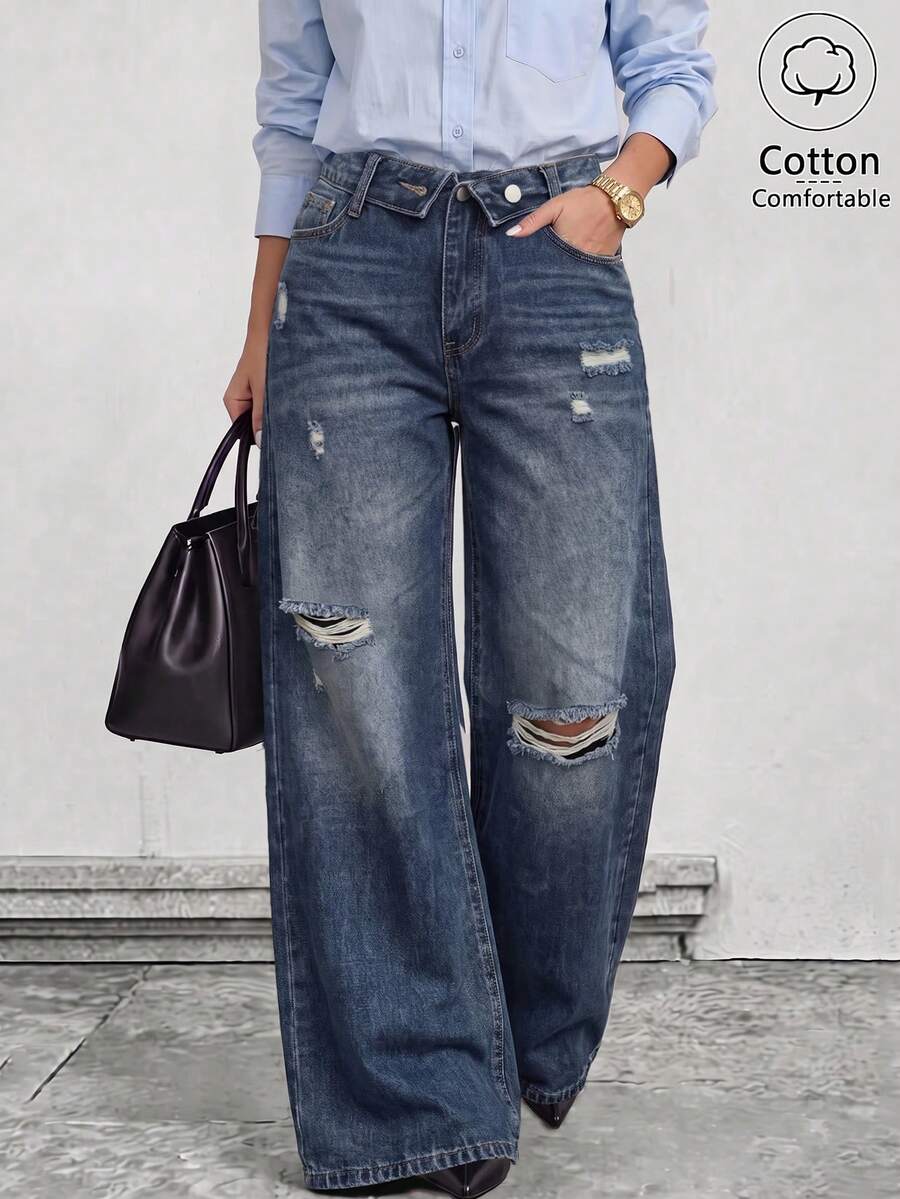 Calça Longa Feminina Estilo Street Europeu & Americano, Solta, Resistente, Desgastada, Rasgada, Cintura Baixa, Cinto Dobrado, Vintage Azul, Comprimento até o Chão, Perna Larga, Outono - Azul - Visão 1