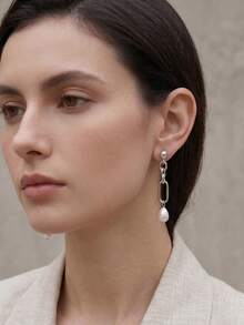 Women's Elegant Chain Freshwater Pearl Drop Earrings 925 Sterling Silver Fashion Designer Jewelry - Silver - View 1