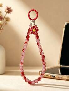 Cute Red Daisy Phone Lanyard, Sweet Red & Pink Beaded Phone Strap, Aesthetic Floral Wristband - Multicolor - View 6