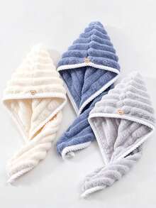 3pcs/Set Candy Striped Strong Absorbent Quick Dry Hair Cap, Soft Comfortable Home Use With Button, Solid Color Minimalist Design - Multicolor - View 13
