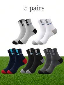 5 Pairs Men Color Block SPORT Logo Mid Calf Athletic Socks, Ribbed Non Slip Cuff, Soft Breathable Sweat Wicking Sports Socks For Running, Fitness - Multicolor - View 6