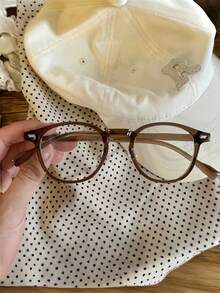 1pc Vintage Tea Color Non-Prescription Clear Lens Glasses - Simple Square And Round Frames, Frame=46mm, Fashionable Lightweight - Light Brown - View 3