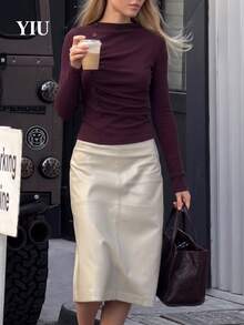 YIU Women's Burgundy Knit Long Sleeve Mock Neck Fitted Top, Button Detail Design, Suitable For Autumn Wear, Casual And Daily Use - Purple - View 6