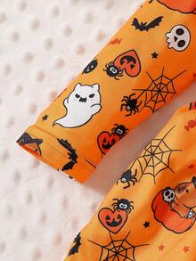 Baby Girl Autumn/Winter Halloween Orange Cute Ghost Pumpkin Spider Web Pattern Flutter Sleeve Long Sleeve Patchwork Black Big Bow Dress And Matching Headband, Suitable For Halloween Holiday Wear - Multicolor - View 5