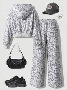 Setelan 2 Potong Sweatshirt Berkerudung Motif Leopard Abu-abu & Celana Panjang Lebar untuk Anak Perempuan, Lengan Raglan, Pinggang Bertali, Pakaian Kasual Longgar, Setelan Lintas Batas untuk Anak Perempuan - Grey - View 3