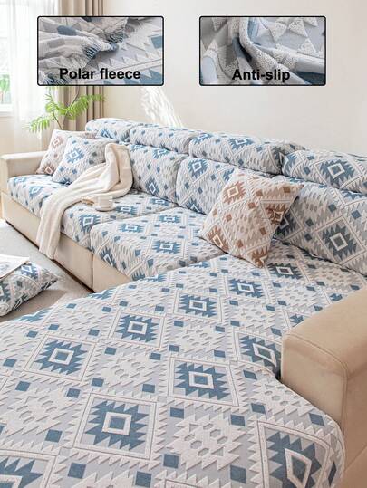 1pc Fleece Sofa Cover, Elastic Stretch Wrap, All-Season Warm And Comfortable, Minimalist INS Style, Pet-Friendly, Non-Slip, Anti-Dirt, Machine Washable, Universal Sofa Cover For Living Room, Bedroom, Study, Suitable For L-Shaped 1/2/3/4 Seater Sofa
