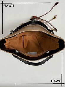 Two‑Tone Faux Leather Medium Tote Bag For Women, Contrast Handle Shoulder Handbag, Bucket Purse With Cute Hanging Charm Accessory - Khaki - View 7