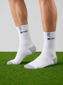 5 Pairs Men Color Block SPORT Logo Mid Calf Athletic Socks, Ribbed Non Slip Cuff, Soft Breathable Sweat Wicking Sports Socks For Running, Fitness - Multicolor - View 2