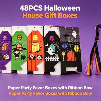 48 Stück Halloween Hausförmige Geschenkboxen mit Schleifenbändern, Spukhaus Papier Partygeschenkboxen, Feiertags-Thematische Dekorative Verpackungsboxen für Halloween Party, Event Giveaways