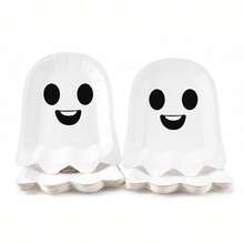 20/25/30/50/100PCS Disposable Paper Tableware Set 10 Inch Ghost Shaped Paper Plates & Napkins, Black & White Cartoon Ghost Design, Wavy Edge, Suitable For Halloween Party, Dessert Table, Family Gathering, Holiday Decoration - Multicolor - View 3