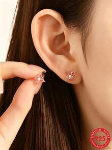1 Pair S925 Sterling Silver Pink Diamond Clover Stud Earrings, Niche Design, Versatile Ear Jewelry For Women - Four-leaf Clover - View 1
