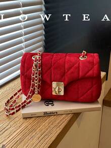 Bolso de hombro con correa de cadena y patrón de diamantes acolchados, bolso cuadrado pequeño de moda, cierre de bloqueo giratorio con cadena de metal, adecuado para niñas, mujeres, estudiantes universitarias, nuevas profesionales y trabajadores de cuello blanco, perfecto para trabajo, negocios, desplazamientos y escenarios escolares - Rojo - Ver 3
