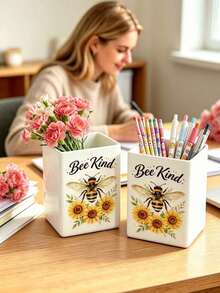 Keep Kindness Watercolor Bee Sunflower Daisy Multi-Function Storage Box Desktop Organizer, Creative Print Compact Storage Container For Home Countertop Organization; Suitable For Bathroom, Kitchen, Office, Bedroom, Living Room Countertop Placement; Supports Multi-Item Compatibility Space-Saving, Partitioned Storage Stable Placement Multi-Purpose, Can Store Makeup Brushes, Pens, Remote Controls - Multicolor - View 6