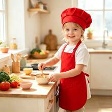 Adjustable Shoulder Strap Kids Chef Costume Apron & Hat Set, Baby Painting Apron, Multi-Purpose Set: Little Chef Role Play All-In-One For Baking, DIY, Painting, Chef Pretend Play, Unlock Multiple Creative Play Styles, Gift For Boys & Girls - Apron - Red - View 6