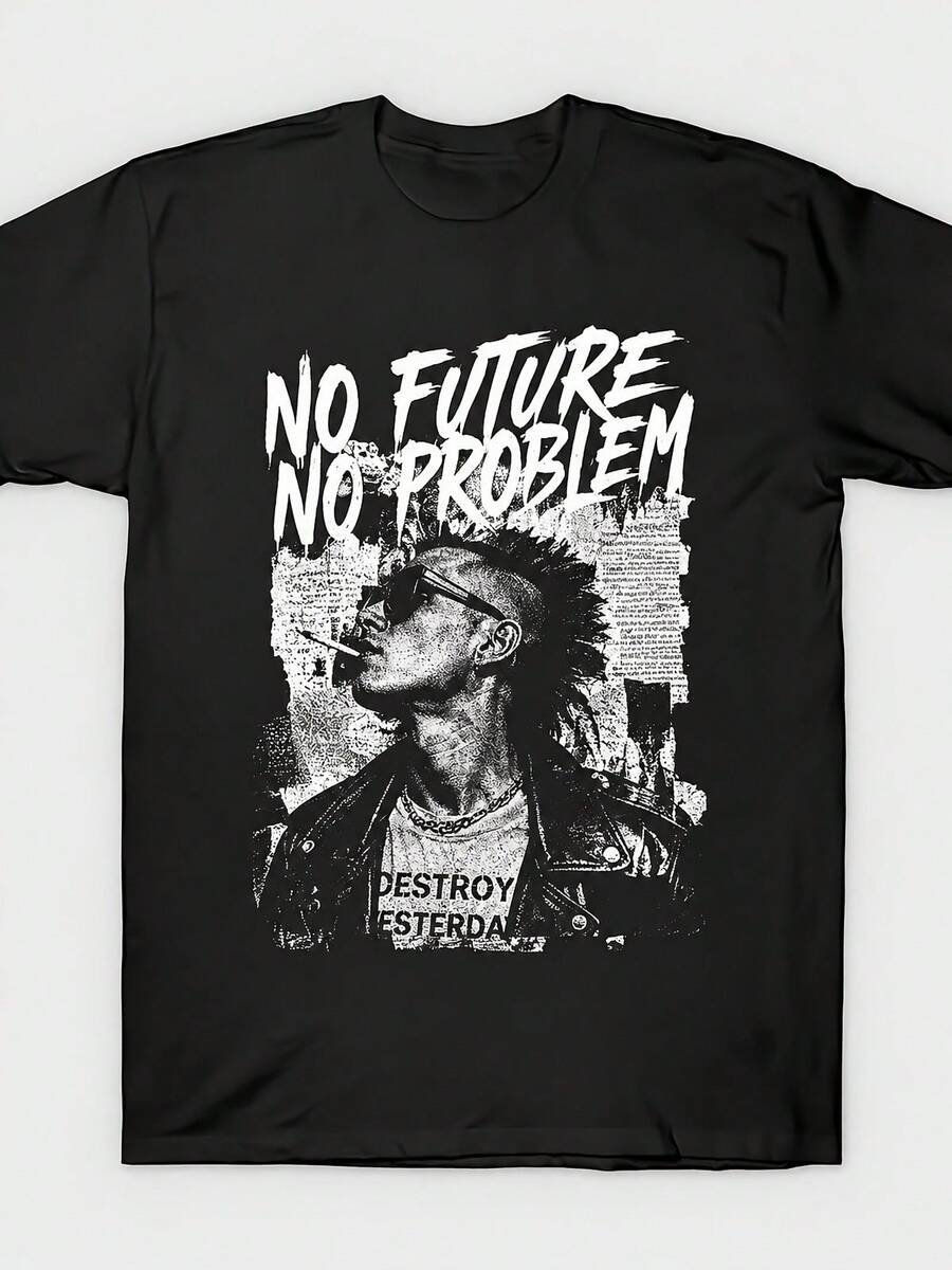 Men's Versatile Black Crew Neck T-Shirt Featuring Punk-Style Artwork, Available In Sizes From S To XXXL - 黑色 - 查看 1