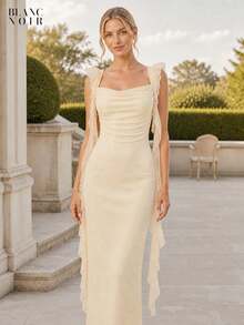 Cream| Women's Elegant Cream Sequin Mesh Ruffle Trim Bodycon Maxi Dress - 奶油色 - 查看 7