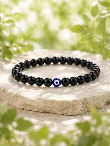 Evil Eye Lucky Protection Bracelet, Silver Beaded, Adjustable Elastic Cord, Minimalist Design, Gift For Mom, Grandma, Daughter, Sister - Suitable For Daily Occasions, All Seasons, Daily Wear Bracelet | Minimalist Bracelet | Elastic Bracelet - Black - View 5