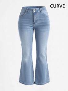 Plus Size Women's Flare Jeans, With Pockets, Button, Zipper And High Stretch Fabric - Light Wash - View 8