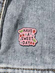 Strawberry Floral Positive Quote Enamel Pin, Sweet Irregular Cartoon Brooch - Pink - View 3