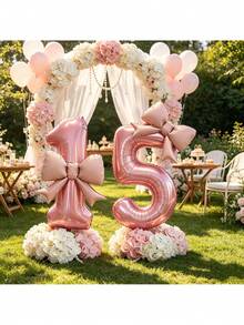 4pcs 32 Inch Pink Number 1 And 5 Foil Balloons (Ribbon Not Included) With Pink Bow Balloons, 15th Birthday Princess Theme Party Decoration Number Balloons - Pink Bow 15 - View 6