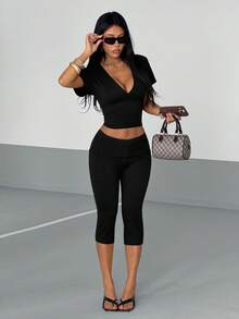 AITYI Studio 女款套裝（升級版），夏季休閒 V 領黑色極簡時尚性感，基礎款，瑜伽，Ins 風，外出，返校，秋季，萬聖節 - 黑色 - 查看 8