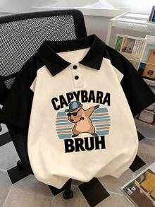 1 buah Kemeja Polo Lengan Pendek Longgar Kasual Anak Laki-laki dengan Motif Kartun Capybara Lucu, Cocok untuk Pakaian Sehari-hari Musim Semi/Panas dan Sekolah - Aprikot - View 1