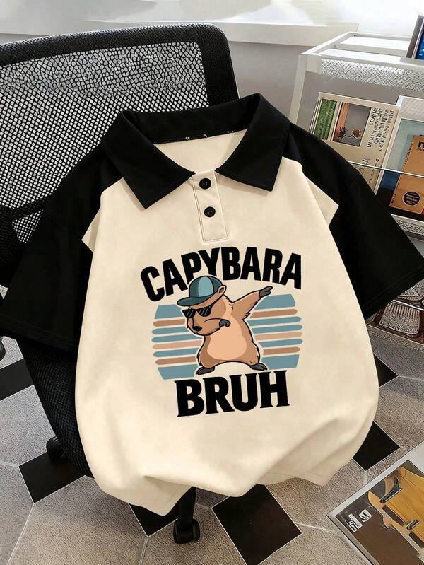 1 pieza Camisa polo de manga corta y ajuste holgado informal para niños con estampado de dibujos animados de capibara, adecuada para uso diario y escolar en primavera/verano