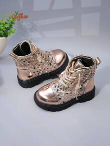 1 Pair Girls' Sequin Glitter Metallic Mirror PU Round Toe Mid-Calf Lace-Up Thick Sole Chunky Heel Shiny Boots, Side Zipper For Easy On/Off, Suitable For Autumn/Winter Party, Performance, Holiday Outfits - Gold - View 8