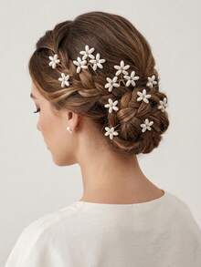 10pcs Elegant Faux Pearl Flower U-Shaped Hair Pin Set, Metal Hand-Woven Bridal Updo Hair Clips, Sweet Women's Headpiece For Party Wedding, Metal Wire Woven Faux Pearl Flower Hair Pins, Daily/Party Hair Accessories - Gold - View 2