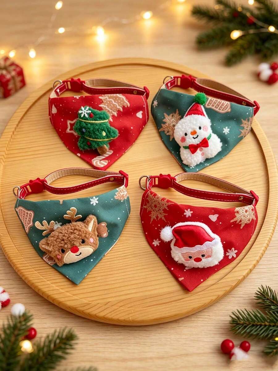1pc Fabric Pet Triangle Bandana, 3D Embroidered Santa Claus & Christmas Tree Pattern, Adjustable Pet Collar Scarf, Pet Neck Accessory, Suitable For Christmas Party, Holiday Photos, Daily Pet Wear & Pet Gift - Multicolor - View 1
