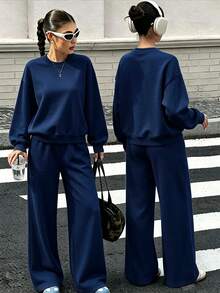 2 Pieces Set Oversized Crew Neck Sweatshirt And Wide Leg Pants For Teen Girls, Solid Color Drop Shoulder Crew Neck Long Sleeve Sweatshirt + Loose Wide Leg Pants Set, Suitable For Autumn/Winter Daily Wear - Navy Blue - View 11