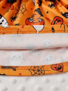 Baby Girl Autumn/Winter Halloween Orange Cute Ghost Pumpkin Spider Web Pattern Flutter Sleeve Long Sleeve Patchwork Black Big Bow Dress And Matching Headband, Suitable For Halloween Holiday Wear - Multicolor - View 7