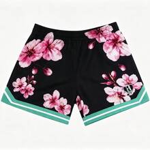 1PC Men Cherry Blossom Floral Print Mesh Athletic Shorts Contrast Striped Hem Elastic Waist Loose Fit Breathable Basketball Street Workout Casual Short Pants With Side Pockets - A - View 18