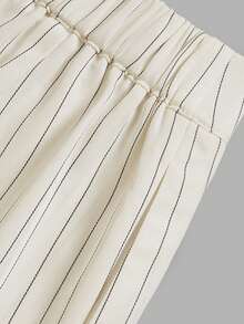 Women Fall Pinstripe Wide Leg Suit Pants High Waist Pleated Back Elastic Waistband Office Trousers With Pockets - Apricot - View 5