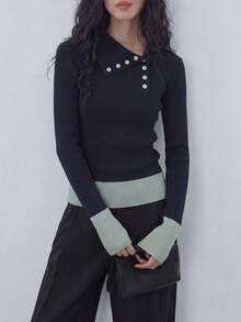 Pullover Rajut Pas Badan Wanita Kasual Musim Gugur/Dingin, Warna Hitam, Desain Kerah Asimetris Baru - Hitam - View 3