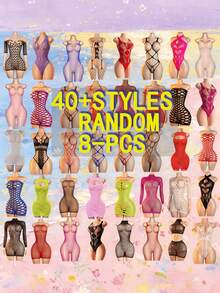 Plus Size Sexy Lingerie Set, Random 40pcs Select 8pcs Combination, Random Color, Women's Sexy Mesh Dress, Hollow Design, Open Crotch Bodycon Jumpsuit, Sexy Fishnet Strappy Lingerie - Multicolor - View 2