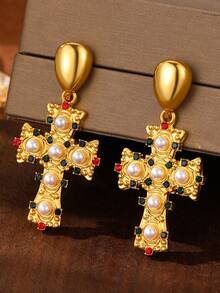 1pair Y2K Colorful Cubic Zirconia Chunky Cross Shape Pendant Earrings For Women,Luxury Vintage Earring Jewelry For Wedding/Vacation/Christmas Day - Large Cross Earrings - View 8