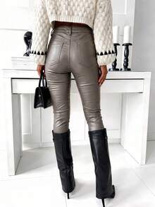 女款緊身PU皮褲 長款保暖內裡鈕扣拉鍊休閒優雅高彈力秋冬長褲 - 無拉鍊 mocha - 查看 4