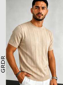GRDR Sweater Rajut Tipis Musim Panas Pria, Lengan Pendek Bergaris Warna Polos, Kasual Sporty, Cocok untuk Olahraga Luar Ruangan - Aprikot - View 4
