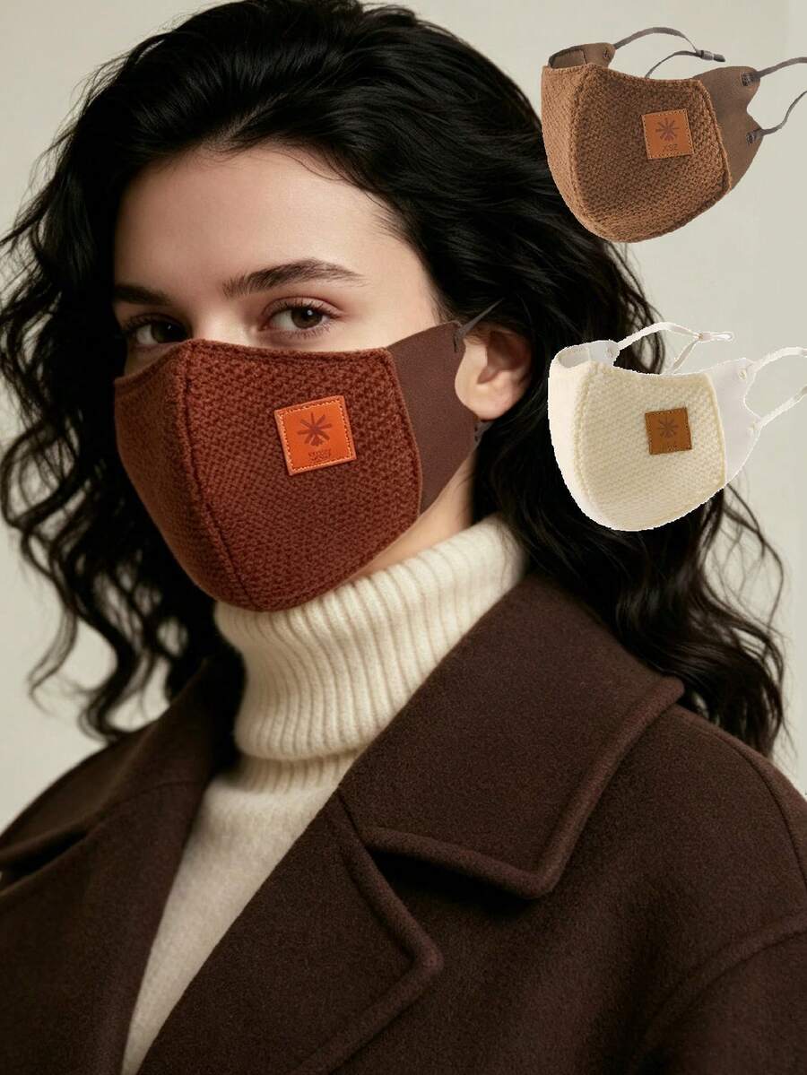 5/1pc Masker Wajah Melengkung Vintage, Kain Rajut dengan Detail Patch Kulit, Tali Telinga Elastis yang Dapat Diatur, Masker Hangat Tahan Angin yang Dapat Digunakan Kembali, Aksesori Nyaman untuk Bersepeda di Luar Ruangan dan Cuaca Dingin Sehari-hari di Musim Dingin
