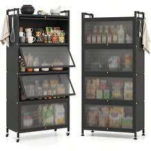 Five Tier Kitchen Storage Cabinet Unit Four Flip Doors Rolling Wheels Mobile Metal Pantry Cabinet Four Hooks Adjustable Feet Microwave Stand Bakers Rack Dining Living Room Black - Black - View 11