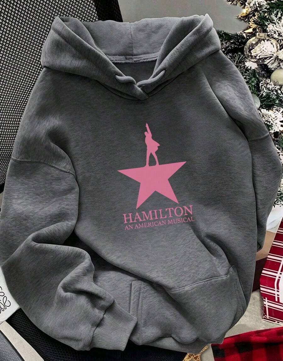 Women'S Y2K Style Hamilton Musical Inspired Hooded Sweatshirt - Official Musical Graphic Print, Cozy Fleece Pullover With Star & Hamilton Lettering - 深灰色 - 查看 1