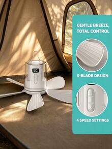 1pc Rechargeable Camping Ceiling Fan With LED Light,Portable Hanging Tent Fan 5‑Blade Quiet 4 Speed Remote Control RGB Ambient Light For Camping Dorm Bed - 1 - View 6