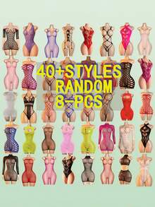 Plus Size Sexy Lingerie Set, Random 40pcs Select 8pcs Combination, Random Color, Women's Sexy Mesh Dress, Hollow Design, Open Crotch Bodycon Jumpsuit, Sexy Fishnet Strappy Lingerie - Multicolor - View 5