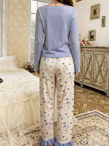 Solid Color V-Neck Long Sleeve Top & Daisy Print Ruffle Hem Long Pants 2 Pieces Set, Women's Soft Style Loungewear Pajama Set, Suitable For Home And Outdoor Wear - Multicolor - View 4