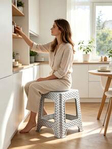Imitation Rattan Plastic Step Stool, Anti-Slip Hollow Square Seat Stool, Sturdy Stackable Small Bench For Bathroom, Bedroom, Entrance Shoe Changing, Kitchen Storage, Kids Adults Household Daily Use Stool - Multicolor - View 2