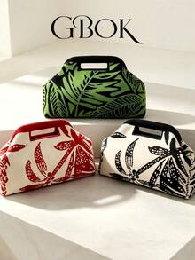 Fashionable New Contrast Color Geometric Leaf Clutch Bag, Handmade Design Buckle Knit Bag, Suitable For Party, Evening Commute, Vacation Travel, Beach Use, Daily Commute, Shopping Handbag, Also Suitable As A Gift Choice. - Multicolor - View 2