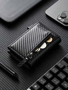 3/1pc Men's Carbon Fiber PU Pop‑Up Wallet, Zipper Coin Pocket Trifold Purse, Multi‑Card Slots Slim Purse For Business Daily Use - Multicolor - View 4