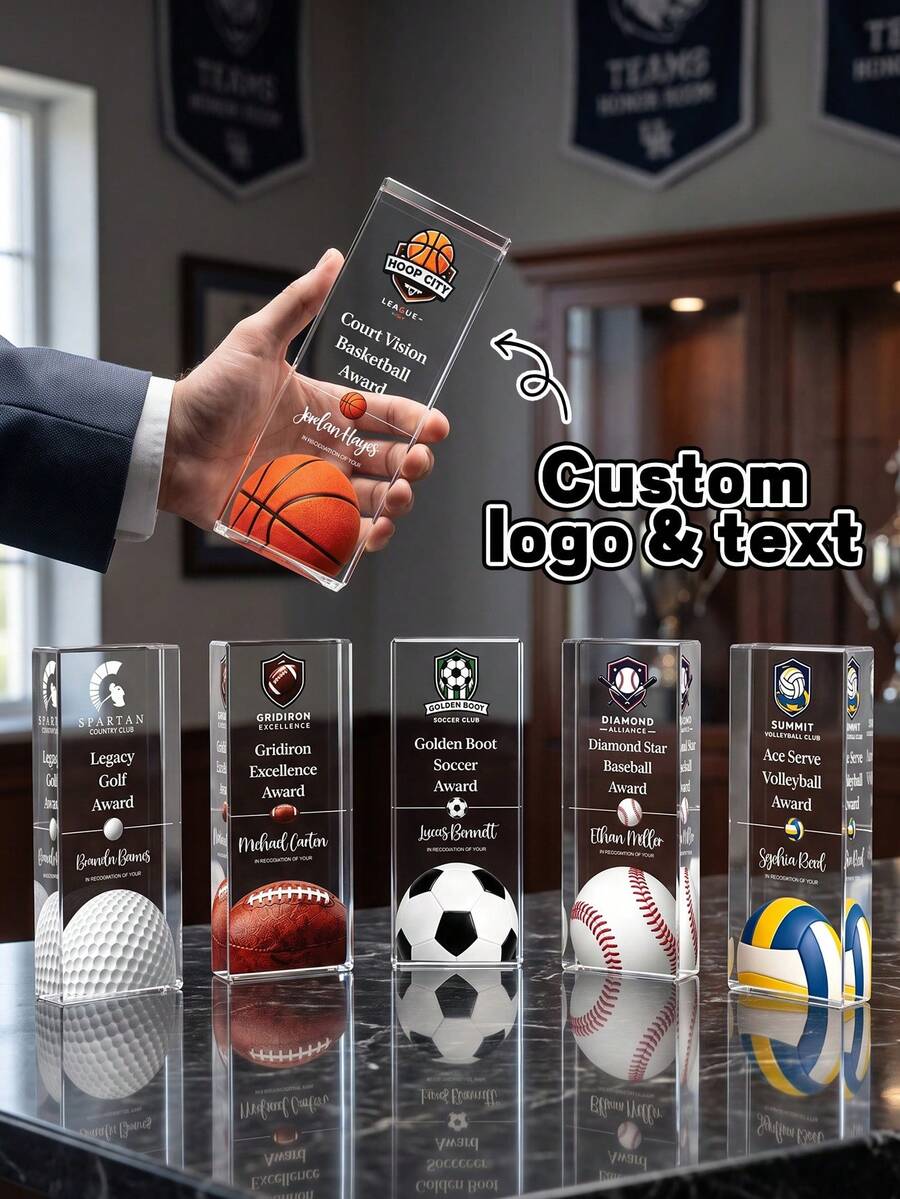 1pc Customized Engraved Acrylic Sports Trophy With Logo And Text, Personalized Commemorative Award Plaque, Suitable For Basketball Football Golf League Championship Award Ceremony, Athlete And Sports Club Team Honor Trophy - Multicolor - View 1